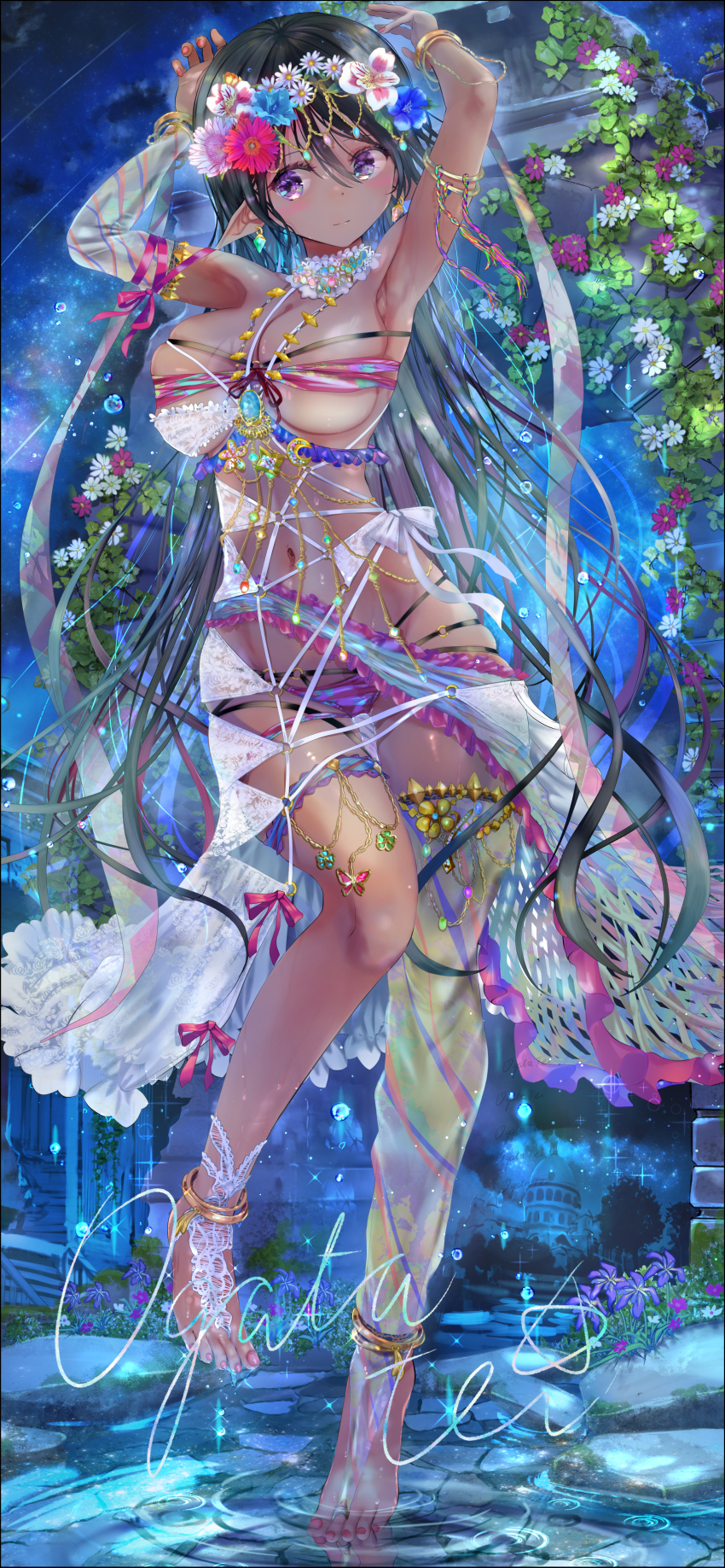 1girl absurdres anklet armlet black_hair bracelet breasts dancer dark-skinned_female dark_skin detached_sleeves earrings gold_anklet gold_armlet gold_bracelet highres jewelry large_breasts long_hair navel ogata_tei original pointy_ears single_detached_sleeve single_thighhigh skindentation thighhighs