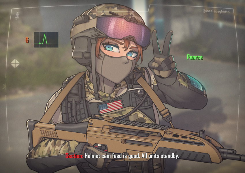 1girl american_flag ammunition_pouch artist_name assault_rifle balaclava blue-tinted_eyewear blue_eyes blurry blurry_background brown_gloves bulletproof_vest call_of_duty call_of_duty:_black_ops_2 camouflage camouflage_helmet camouflage_jacket cardiogram character_name combat_helmet commentary day ear_protection english_commentary english_text film_grain flag_patch gloves goggles goggles_on_headwear grey_mask gun gun_sling hand_up heads-up_display headset helmet highres holding holding_gun holding_weapon honeycomb_(pattern) jacket load_bearing_vest localspaghetto looking_at_viewer m8a1 magazine_(weapon) military navy_seals outdoors pda pouch pov red_hair rifle shadow signature soldier solo subtitled tactical_clothes tinted_eyewear unworn_headwear user_interface v walkie-talkie weapon