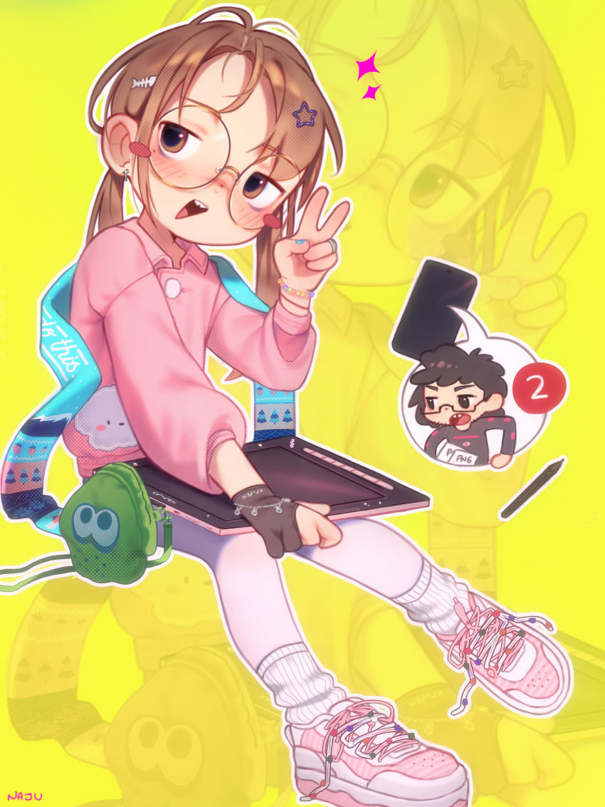 1boy 1girl absurdres artist_glove black_gloves blue_nails blue_scarf blush_stickers brown_eyes brown_hair cellphone collared_shirt commentary cross cross_earrings drawing_tablet earrings english_commentary fish_skeleton_hair_ornament glasses gloves hair_ornament highres jewelry long_sleeves loose_socks nail_polish najucaju_naju open_mouth original partially_fingerless_gloves phone pink_shirt pink_shoes puffy_long_sleeves puffy_sleeves ring round_eyewear scarf shirt shoes single_glove smartphone socks solo star_(symbol) star_hair_ornament stylus teeth twintails upper_teeth_only v white_socks yellow_background zoom_layer