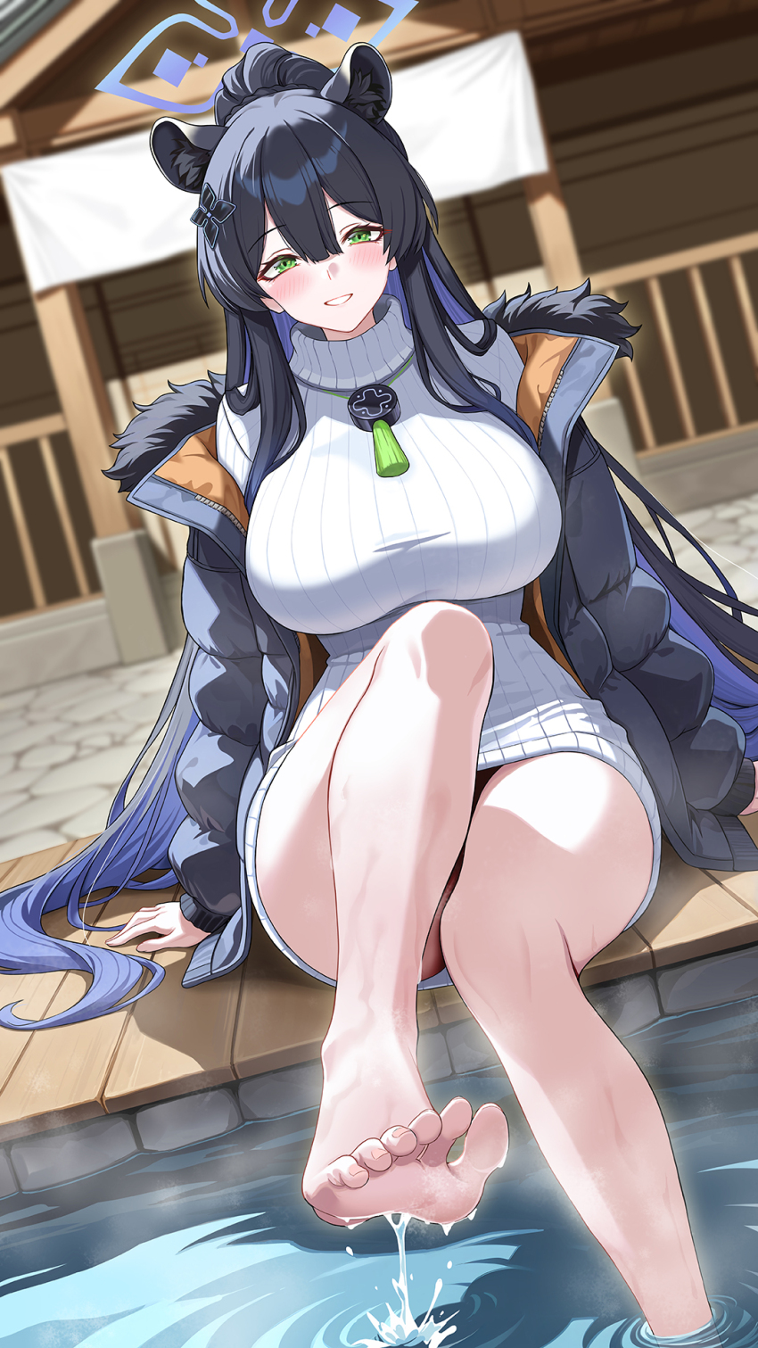 1girl ai-generated alternate_costume animal_ear_fluff animal_ears black_hair black_jacket blue_archive blush commentary_request dress green_eyes grin halo highres jacket jamgom long_hair looking_at_viewer open_clothes open_jacket purple_halo shun_(blue_archive) shuriken_hair_ornament smile solo sweater sweater_dress turtleneck turtleneck_dress white_dress