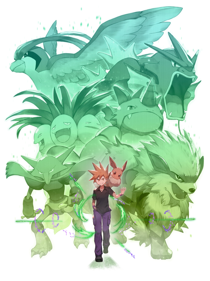 1boy absurdres alakazam arcanine blue_oak brown_hair collared_shirt commentary_request eevee exeggutor gen_1_pokemon grin gyarados hair_between_eyes hand_in_pocket hand_up highres jewelry male_focus necklace nintendo odd_(hin_yari) on_shoulder orange_eyes pants pidgeot pokemon pokemon_(creature) pokemon_frlg pokemon_on_shoulder pokemon_team purple_pants rhydon shirt short_hair short_sleeves smile spiked_hair teeth wristband