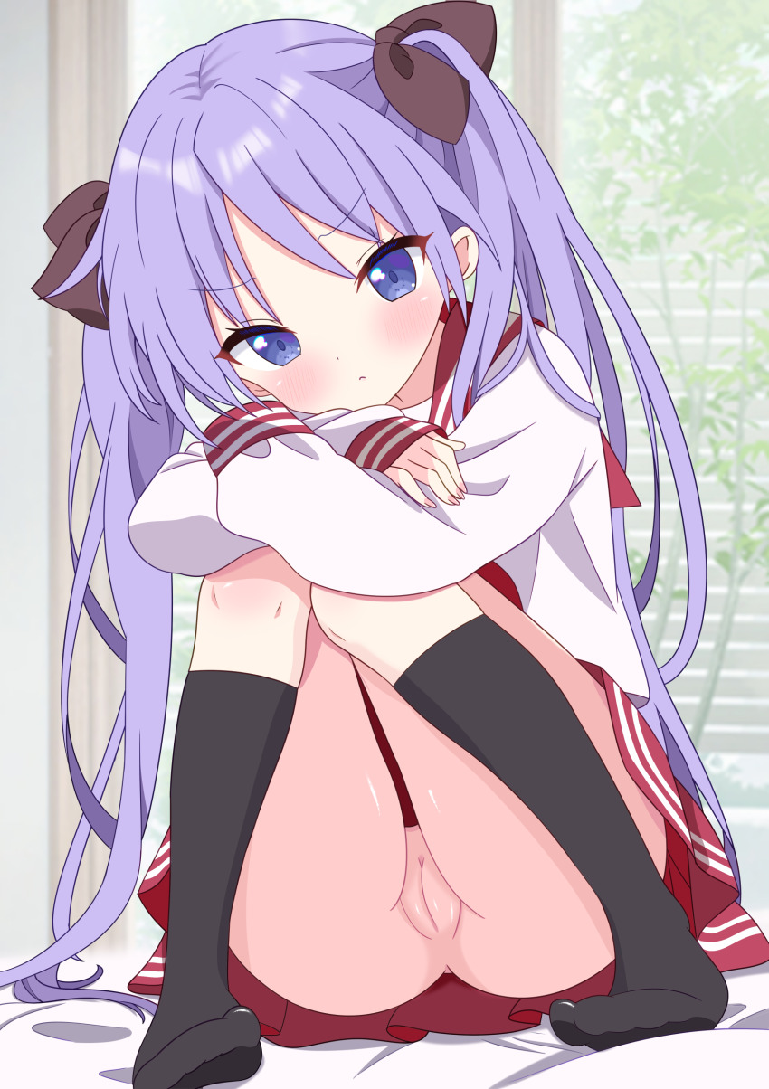 1girl absurdres ass black_ribbon blue_eyes blush cleft_of_venus clitoris closed_mouth commentary_request full_body hair_ribbon head_tilt highres hiiragi_kagami hiiragisensei kneehighs loli long_hair long_sleeves looking_at_viewer lucky_star no_panties no_shoes pleated_skirt purple_hair pussy ribbon ryouou_school_uniform sailor_collar school_uniform serafuku shirt sitting skirt socks solo twintails uncensored very_long_hair white_shirt