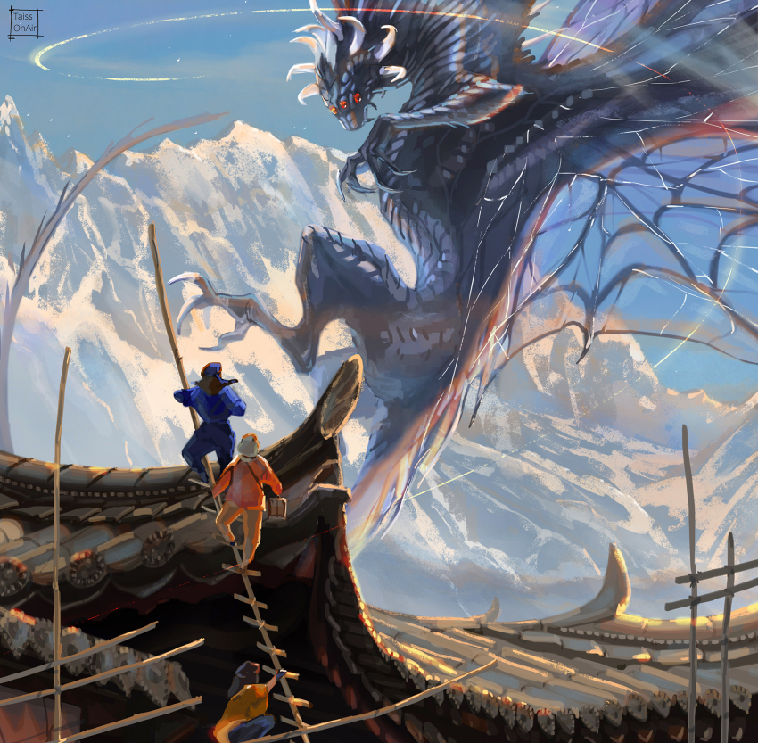 architecture artist_name blue_sky claws climbing_ladder commentary commission dragon east_asian_architecture english_commentary extra_eyes extra_horns highres ladder making-of_available mountain on_roof original outdoors sky tatti_art