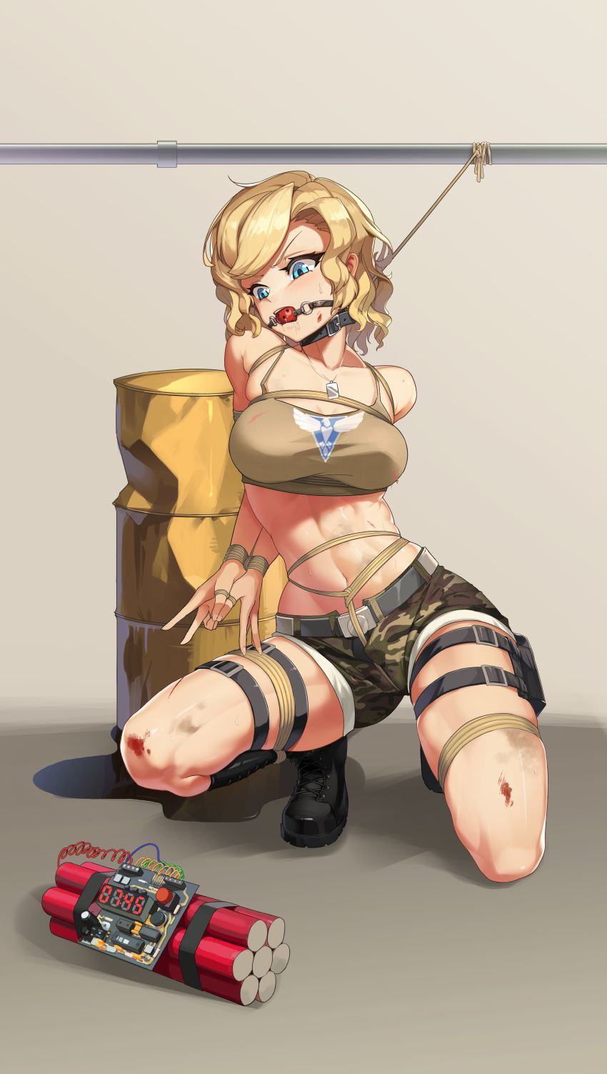1girl abs absurdres arms_behind_back ball_gag bdsm blonde_hair blue_eyes bondage bound braid breasts collar command_&amp;_conquer commission explosive full_body gag gagged highres long_hair medium_breasts navel original peril pointy_ears restrained rope saliva second-party_source shinebell skindentation solo tanya_(red_alert_3) tnt variant_set wiffle_gag