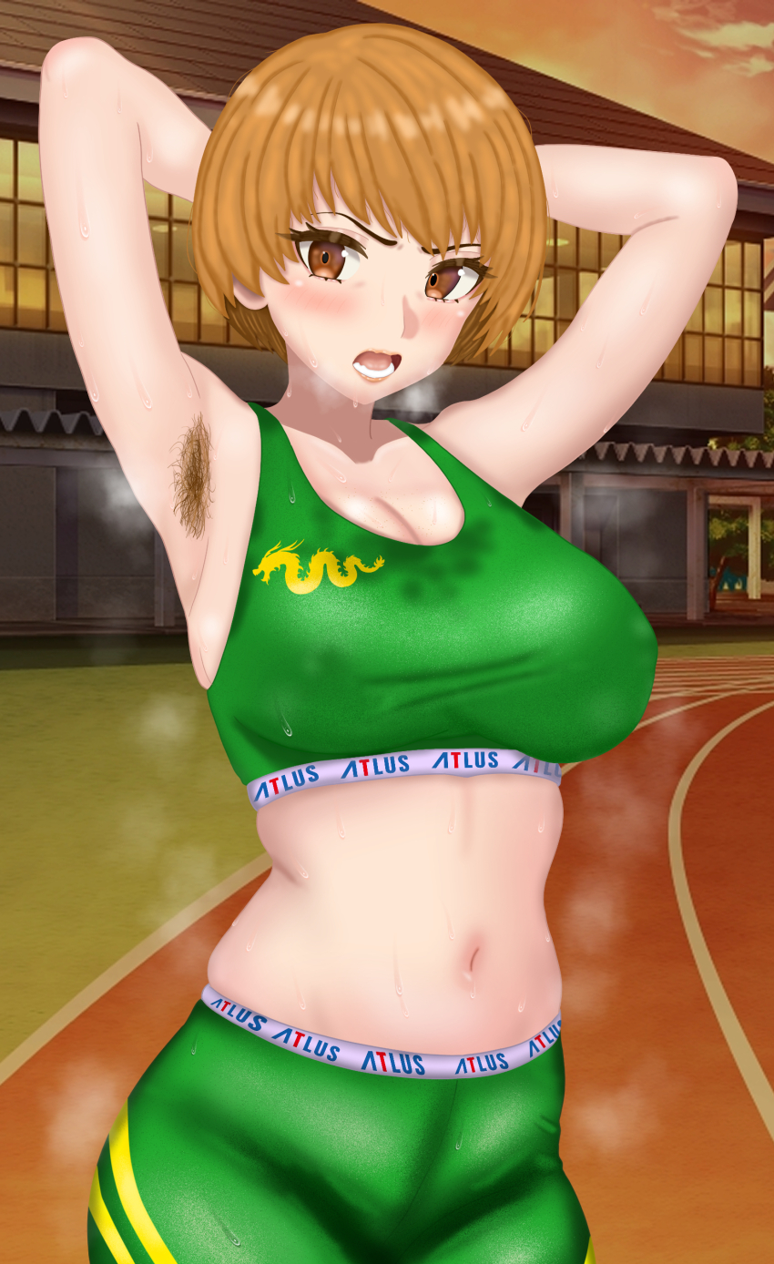 1girl alternate_breast_size angry annoyed armpit_crease armpit_focus armpit_hair armpit_hair_peek armpit_peek armpit_stubble armpits arms_behind_head arms_up atlus bare_shoulders belly blush bob_cut bra breasts brown_eyes brown_hair collarbone cowboy_shot disgust dragon eddarxart exhausted green_leggings green_sports_bra heavy_breathing large_breasts leggings looking_at_viewer midriff navel open_mouth persona persona_4 persona_4_the_golden pov running_track satonaka_chie short_hair skindentation smell solo solo_focus sports_bra sports_uniform sportswear standing steaming_body stomach sweat sweatdrop sweaty_clothes thighs tomboy toned toned_female toned_stomach track track_and_field track_uniform training training_bra underwear very_short_hair