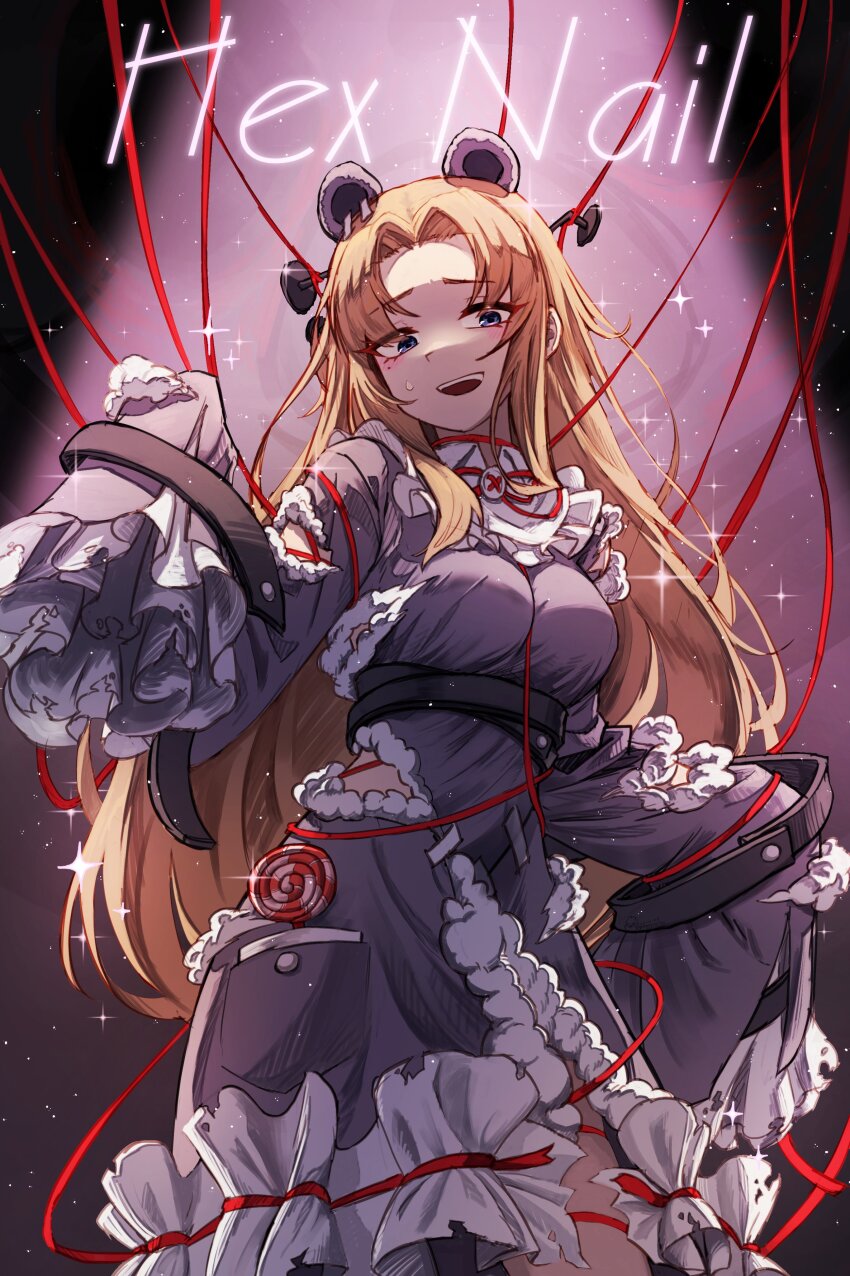 1girl 99dulgi absurdres brown_hair commentary_request curtained_hair dress e.g.o_(project_moon) english_text frilled_dress frills furrowed_brow hex_nail_(e.g.o) highres korean_commentary limbus_company long_hair open_mouth project_moon purple_dress rodion_(project_moon) smile solo sparkle standing string sweatdrop teeth upper_teeth_only