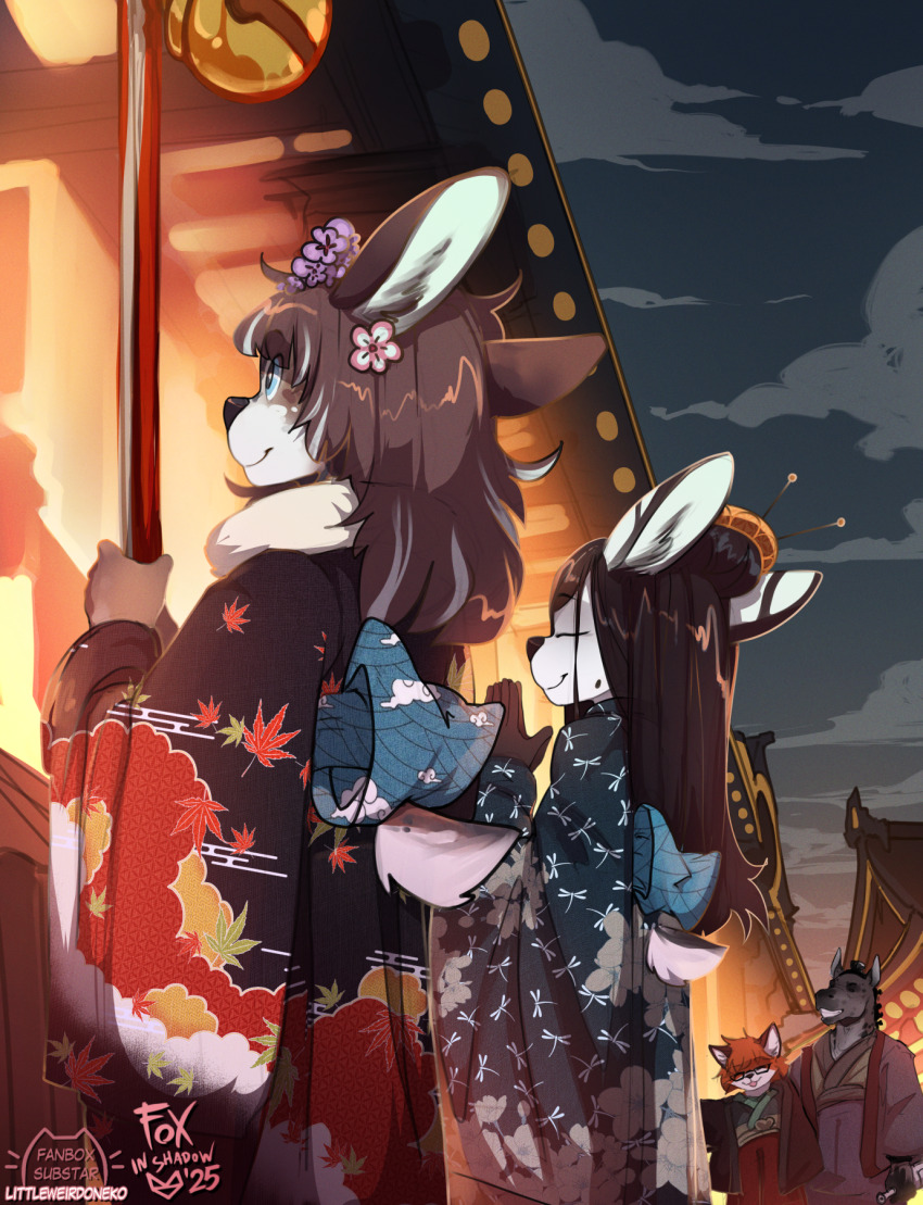 borrowed_character bottle chinese_zodiac closed_mouth cloud cloudy_sky commentary deer_girl english_commentary festival fiadh_(toby_baggins) flower fox_boy foxinshadow furry furry_female grin hair_flower hair_ornament highres holding holding_bottle horse_boy japanese_clothes kimono new_year night original outdoors seiko_(foxinshadow) sky smile snout year_of_the_horse