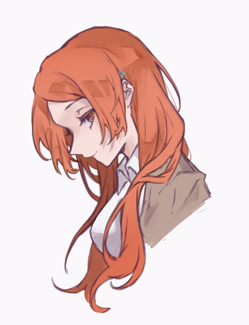 1girl 2022 bleach breasts brown_eyes closed_mouth female_focus hair_ornament hairclip highres inoue_orihime jacket large_breasts long_hair orange_hair simple_background smile snowflake_hair_ornament ui_1231 upper_body white_background
