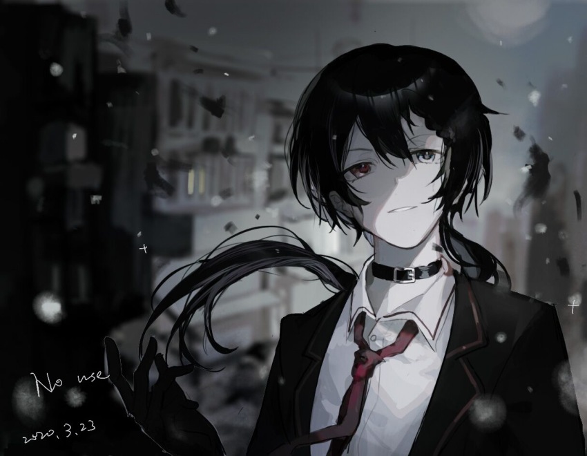 1boy belt_collar black_collar black_gloves black_hair black_jacket chinese_commentary collar colored_skin commentary_request dated gloves hair_between_eyes hand_up jacket male_focus necktie open_clothes open_jacket original red_eyes red_necktie solo upper_body vihua6 white_eyes white_skin