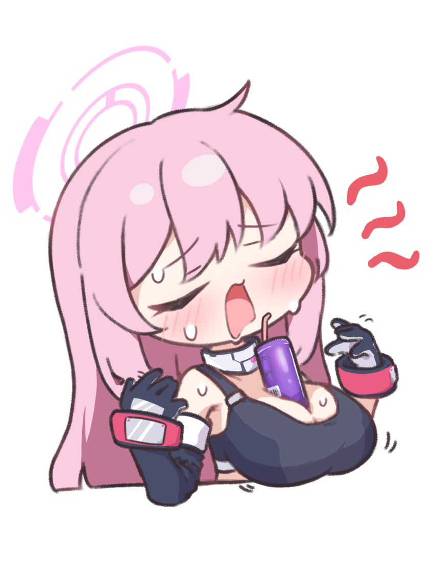 1girl asymmetrical_gloves bare_shoulders between_breasts black_gloves black_sports_bra blue_archive blush breasts bubble_tea_challenge cleavage closed_eyes commentary_request drinking_straw eimi_(battlesuit)_(blue_archive) eimi_(blue_archive) elbow_gloves gloves hair_between_eyes halo hands_up highres hot karupa_(karupapon) large_breasts long_hair midriff official_alternate_costume open_mouth pink_hair pink_halo sidelocks simple_background single_elbow_glove sitting solo sports_bra sweat white_background