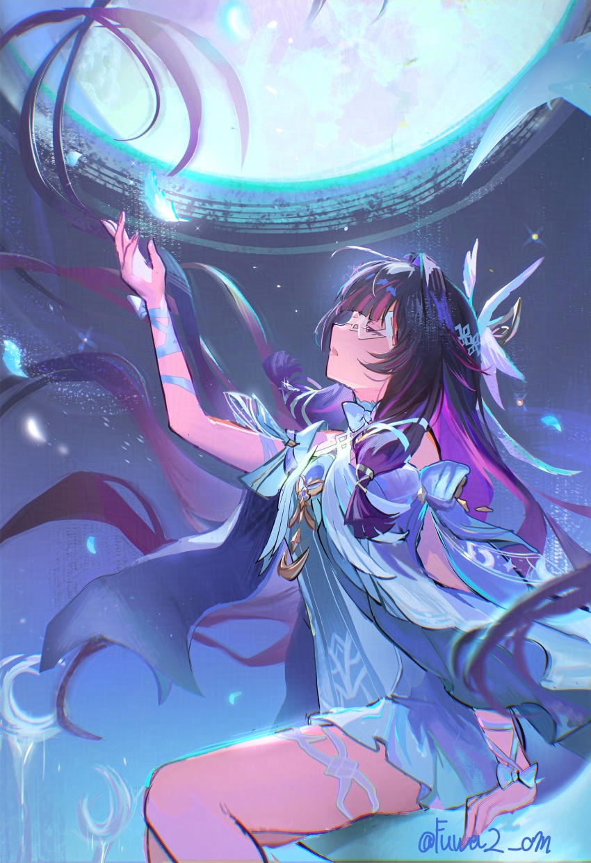 1girl absurdres black_hair closed_eyes colored_inner_hair columbina_(genshin_impact) commentary_request dress eye_mask facing_up falling_feathers feathers genshin_impact hair_ornament hand_up highres long_hair mask moon multicolored_hair omelet_tomato outdoors parted_lips purple_hair sitting solo twitter_username two-tone_hair very_long_hair white_dress wing_hair_ornament