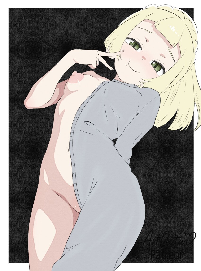 1girl absurdres artllatar bad_tag blonde_hair blush breasts green_eyes highres legs lillie_(pokemon) loli looking_at_viewer navel nintendo nipples no_bra no_panties no_underwear pokemon pokemon_sm ponytail small_breasts smile solo standing stomach thighs