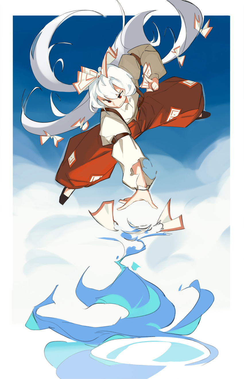 1girl absurdres arm_belt between_fingers blue_fire bow collared_shirt commentary crt599 fire fujiwara_no_mokou grey_hair grey_shirt hair_bow highres holding long_hair long_sleeves multiple_hair_bows ofuda ofuda_between_fingers ofuda_on_clothes pants pyrokinesis red_eyes red_pants shirt solo suspenders torn_clothes torn_sleeves touhou very_long_hair