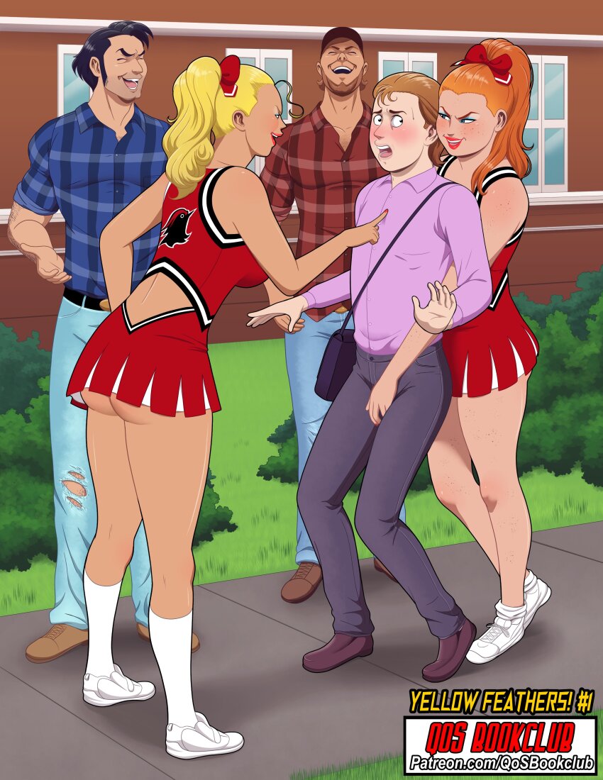 2girls 3boys absurdres artist_name ass bag black_bag black_hair black_pants blonde_hair blue_pants blush bow brown_hair brown_shoes bush cheerleader closed_eyes commentary day denim devin_dickie english_commentary english_text femdom grass hair_bow hat highres jeans laughing long_hair multiple_boys multiple_girls open_mouth orange_hair original outdoors pants patreon_username pink_shirt plaid_clothes plaid_shirt pointing pointy_ears red_bow red_hat red_nails red_shirt red_skirt shirt shoes short_hair shoulder_bag skirt sleeveless sleeveless_shirt socks teeth upper_teeth_only voloh watermark web_address white_shoes white_socks