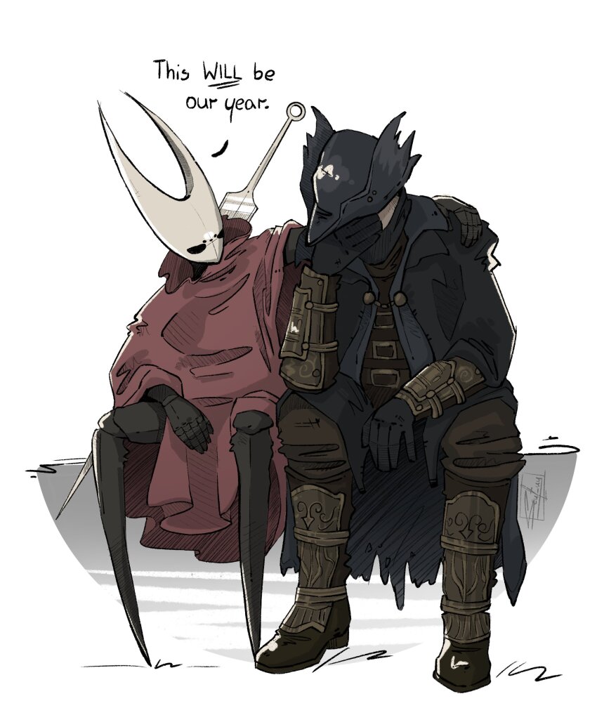 1boy 1girl absurdres arthropod_girl black_gloves bloodborne boots brown_boots commentary english_commentary english_text gloves hand_on_another&#039;s_shoulder highres hollow_knight hollow_knight:_silksong hornet_(hollow_knight) hunter_(bloodborne) mask mouth_mask scut_uy simple_background sitting white_background