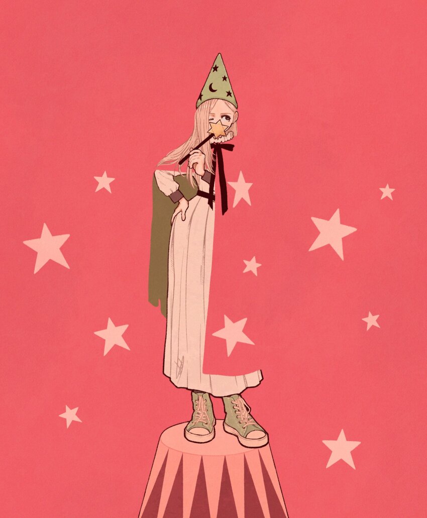 1girl blending blonde_hair cape commentary_request covering_own_mouth dress full_body hand_on_own_hip hat highres holding holding_wand long_hair long_sleeves looking_to_the_side neck_ribbon neck_ruff one_eye_closed original pink_background ribbon shoes sneakers solo star_(symbol) star_print star_wand syooooyoooo wand wizard_hat
