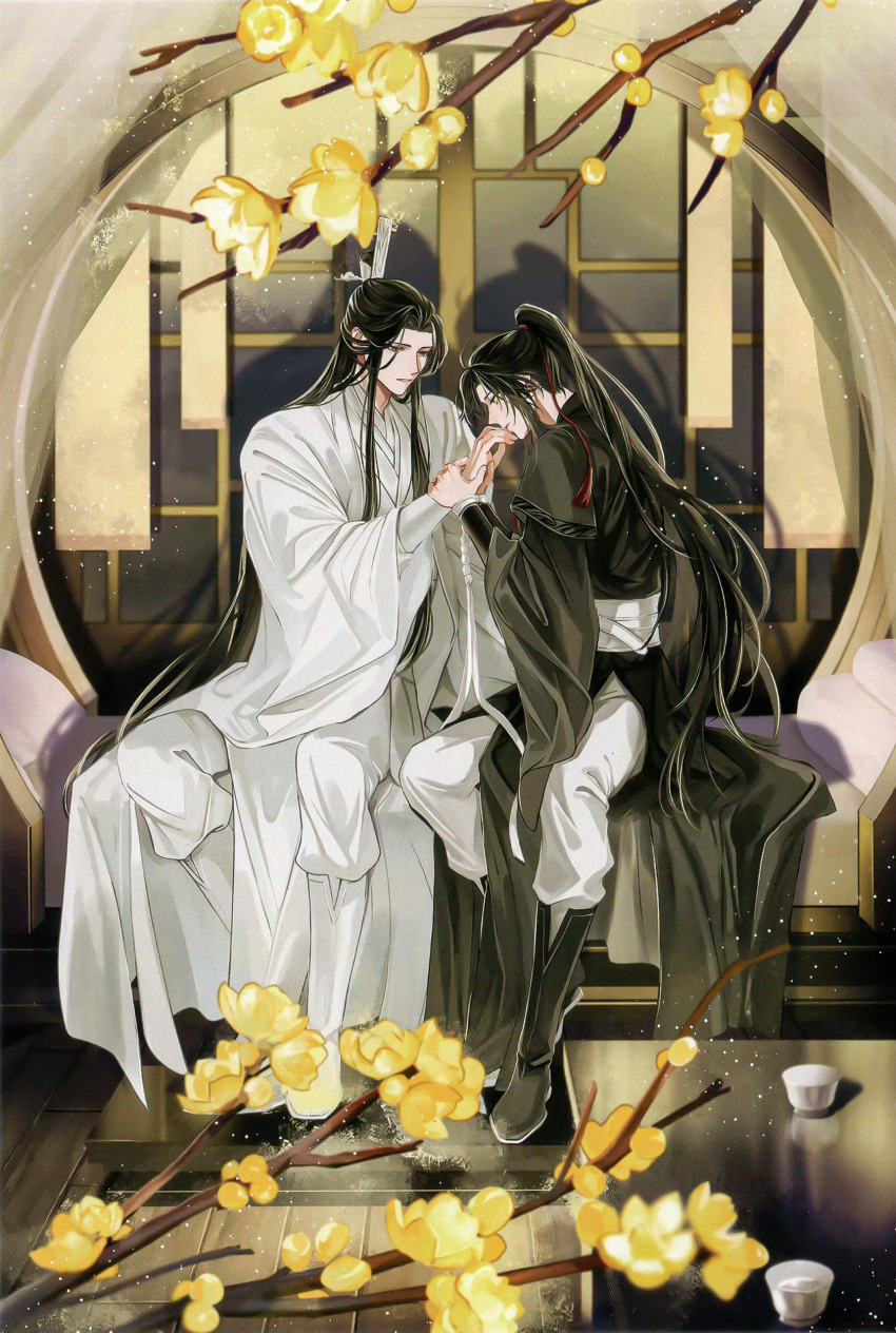 2boys absurdres ahoge bed black_boots black_hair black_hanfu boots bound bound_wrists branch chinese_clothes chinese_commentary commentary_request couple cup flower full_body hair_ornament hair_ribbon hanfu high_ponytail highres holding_another's_wrist holding_hands indoors kiss kissing_hand lan_wangji lattice light_particles long_hair long_sleeves looking_at_another looking_down male_focus mg_ms_dayo modao_zushi multiple_boys official_art on_bed pants ponytail red_ribbon ribbon ribbon_bondage robe round_window sash sidelocks sitting smile table tassel tassel_hair_ornament teacup third-party_source topknot vase very_long_hair wei_wuxian white_boots white_hanfu white_pants white_ribbon white_sash wide_sleeves window wooden_floor xiao_guan_(headdress) yaoi yellow_flower