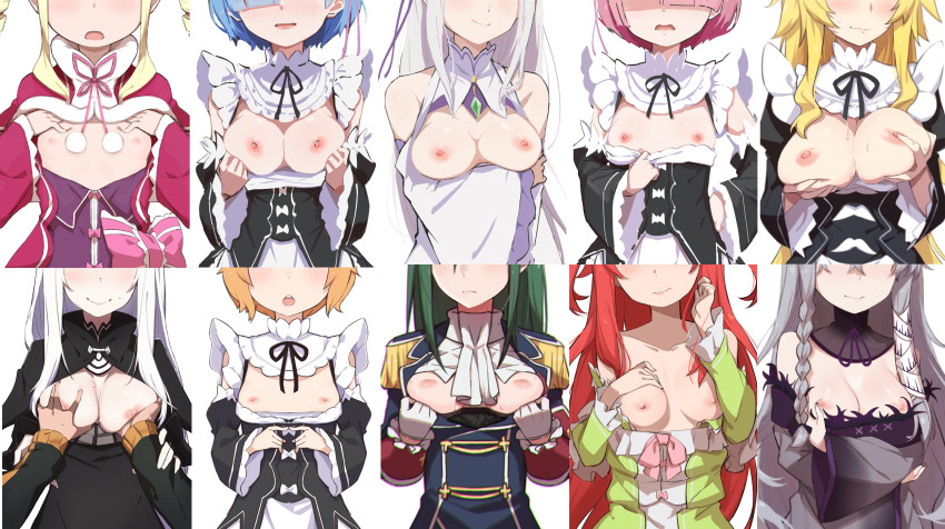 6+girls beatrice_(re:zero) blush breasts breasts_out crusch_karsten echidna_(re:zero) emilia_(re:zero) female_focus flashing flat_chest frederica_baumann highres large_breasts loli medium_breasts melinda_(re:zero) morisobo multiple_girls nipples petra_leyte ram_(re:zero) re:zero_kara_hajimeru_isekai_seikatsu rem_(re:zero) skindentation small_breasts smile take_your_pick theresia_van_astrea