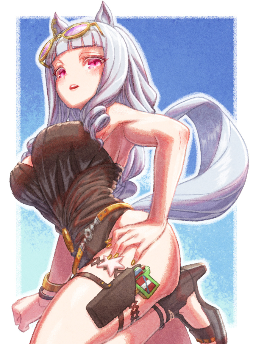 1girl animal_ears armpits bare_shoulders black_one-piece_swimsuit blunt_bangs blush breasts casual_one-piece_swimsuit commentary_request creape eyewear_on_head gold_ship_(run_revolt_launcher)_(umamusume) gold_ship_(umamusume) grey_hair high_heels highres holster horse_ears horse_girl horse_tail large_breasts long_hair official_alternate_costume one-piece_swimsuit open_mouth purple-tinted_eyewear purple_eyes solo sunglasses swimsuit tail thigh_holster thigh_strap tinted_eyewear umamusume water_gun yellow-framed_eyewear