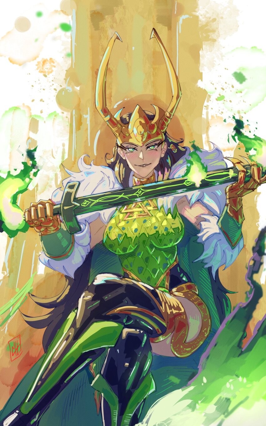 1girl black_hair blush boutsoftheblind breasts commentary crossed_legs dress fake_horns fire genderswap genderswap_(mtf) green_dress green_eyes green_fire highres holding holding_sword holding_weapon horned_headwear horned_tiara horns lady_loki large_breasts loki_(marvel) long_hair looking_at_viewer marvel marvel_rivals seductive_smile signature smile solo sword tiara weapon
