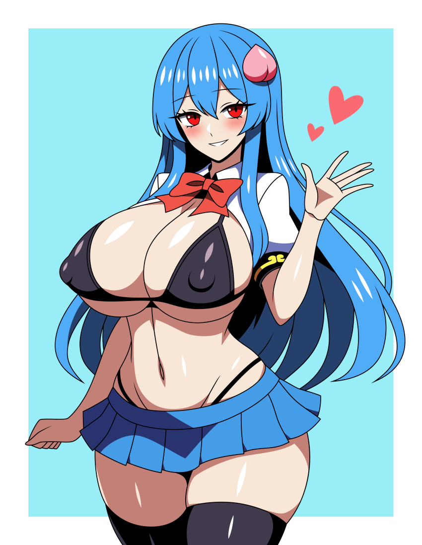 1girl \||/ absurdres anime_coloring bikini black_bikini black_thighhighs blue_background blue_hair blue_skirt blush border bow bowtie breasts cleavage commentary_request covered_erect_nipples curvy food-themed_hair_ornament groin hair_ornament heart highres hinanawi_tenshi huge_breasts long_hair looking_at_viewer microskirt navel peach_hair_ornament red_bow red_bowtie red_eyes short_sleeves simple_background skirt smile solo ssaf_seibeupail swimsuit thighhighs touhou white_border