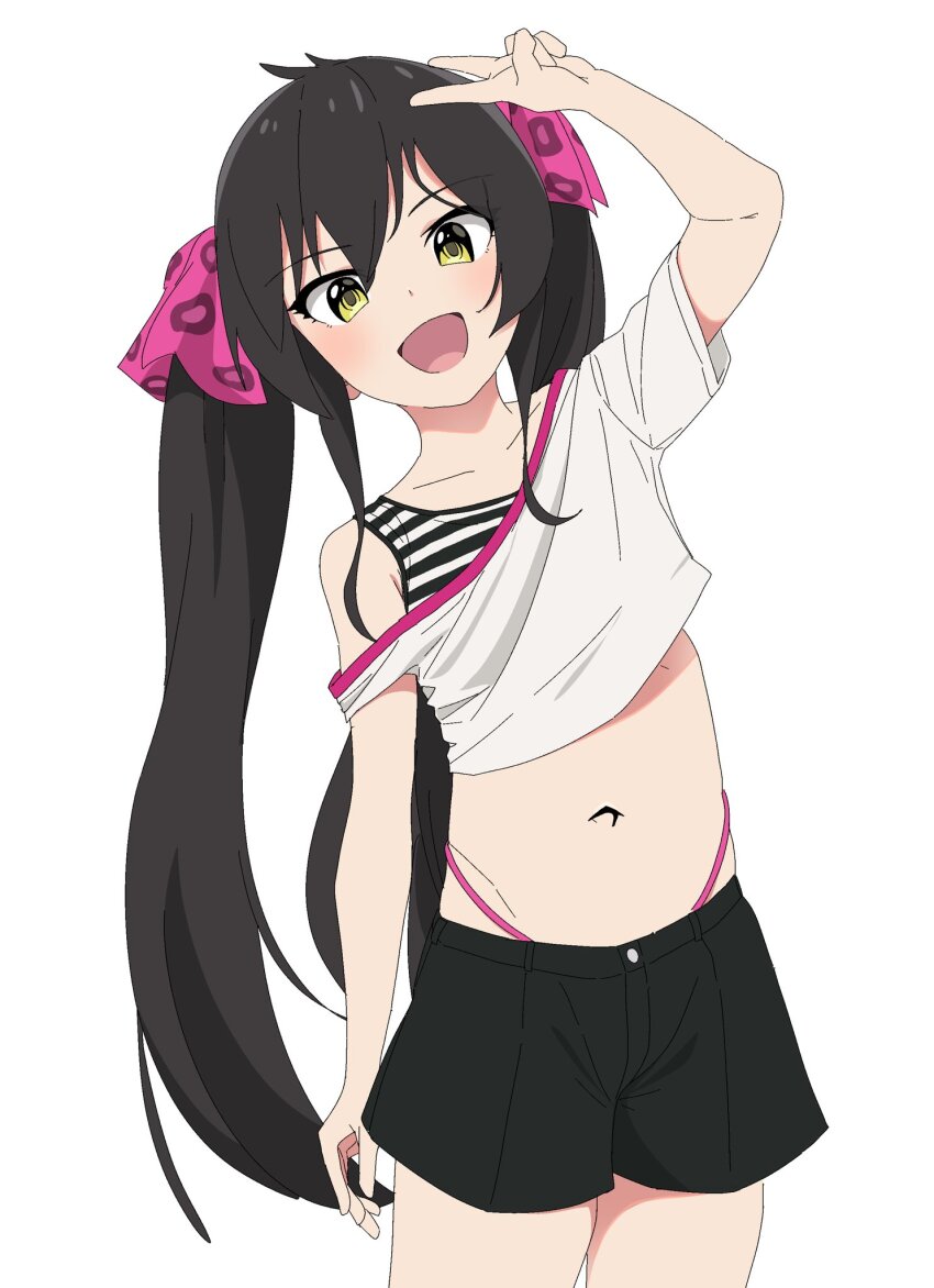 1girl 4uys :d black_hair commentary_request crop_top hair_between_eyes highres idolmaster idolmaster_cinderella_girls long_hair matoba_risa midriff navel open_mouth shorts simple_background smile thong twintails v white_background yellow_eyes