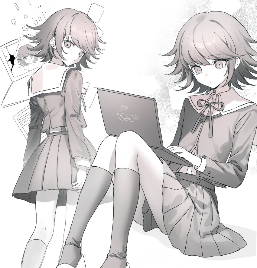 1boy absurdres alter_ego_(danganronpa) brown_hair commentary_request computer crossdressing danganronpa:_trigger_happy_havoc danganronpa_(series) fujisaki_chihiro highres jacket kn0309dg kneehighs laptop long_sleeves looking_at_viewer male_focus monochrome pleated_skirt ribbon school_uniform shirt short_hair sitting skirt smile socks trap