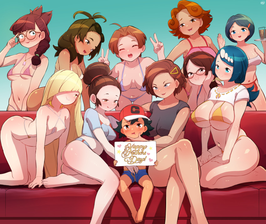 1boy 6+girls absurdres adjusting_eyewear age_difference ahoge all_fours alola_mother antenna_hair ash_ketchum ass baseball_cap bikini black_hair black_shirt blonde_hair blue_bikini blue_eyes blue_hair blue_shirt blue_shorts blush born-to-die braid breasts brown_eyes brown_hair cleavage closed_eyes couch covered_erect_nipples crop_top dark-skinned_female dark_skin delia_ketchum double_v galar_mother glasses grace_(pokemon) green_eyes hair_bun hair_ornament hair_over_one_eye hairclip hand_on_another's_face hand_on_eyewear harem hat highres johanna_(pokemon) kneeling lana's_mother_(pokemon) large_breasts leaning_forward lola_(pokemon) long_hair looking_at_viewer lusamine_(pokemon) male_underwear mature_female micro_bikini mother's_day mother_(pokemon) mother_and_son multiple_girls navel nintendo onee-shota open_mouth pink_bikini pokemon pokemon_(anime) pokemon_(classic_anime) pokemon_bw2 pokemon_dppt pokemon_journeys pokemon_rse_(anime) pokemon_sm pokemon_sm_(anime) pokemon_swsh pokemon_xy ponytail red_headwear shirt short_hair short_sleeves shorts shota sitting sleeveless sleeveless_shirt smile standing swimsuit talia_(pokemon) underwear unova_mother_(bw2) v white_bikini white_shirt yellow_bikini you_gonna_get_raped