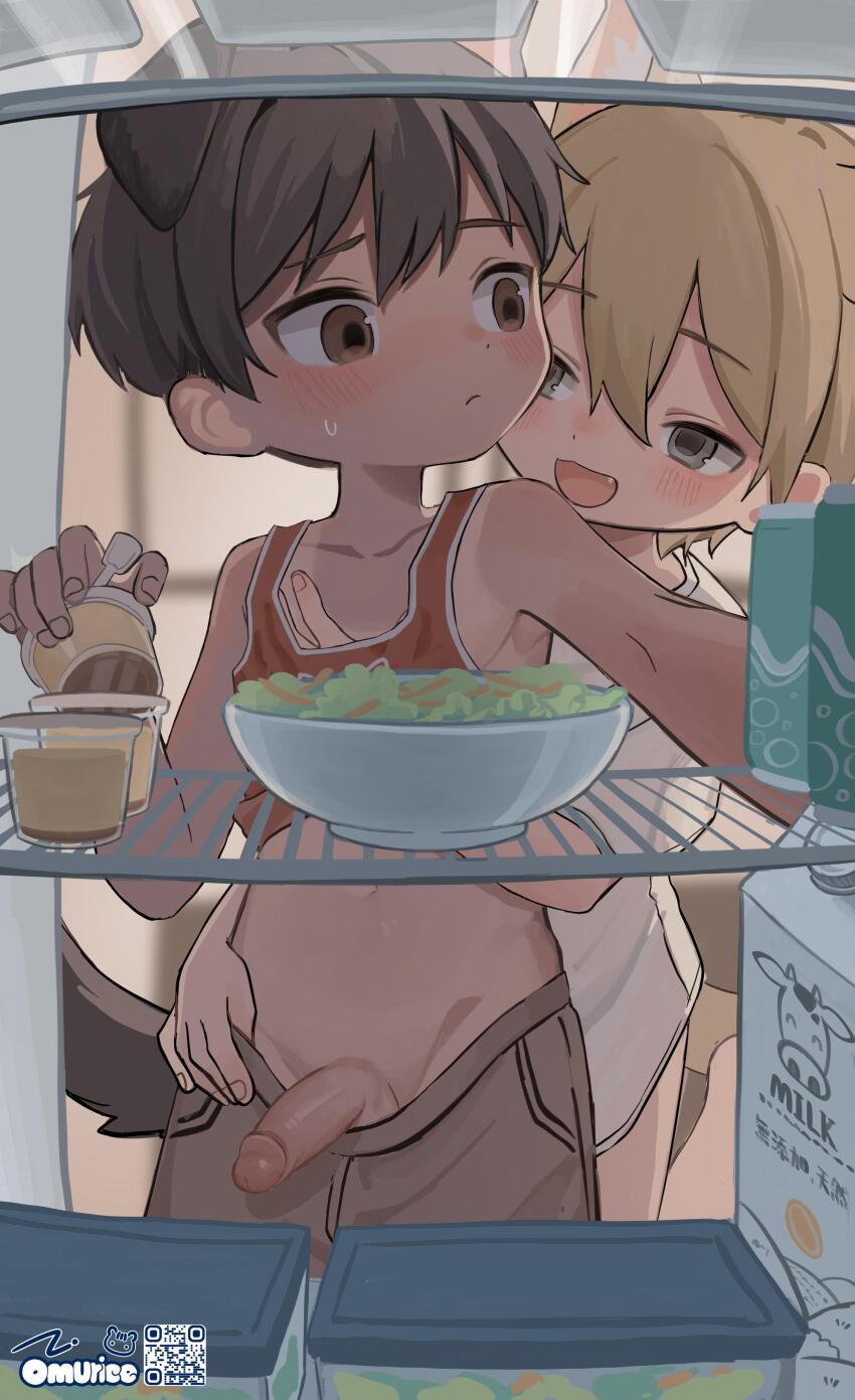 2boys absurdres animal_ears black_hair blonde_hair blush brown_eyes commentary dog_boy dog_ears dog_tail drink_carton english_commentary erection fang floppy_ears food grey_eyes grey_shorts hand_under_clothes highres kodomo_doushi male_focus milk_carton multiple_boys navel omurice_(roza4957) open_mouth original paid_reward_available penis_out pudding red_tank_top refrigerator shirt short_hair shorts shota t-shirt tail tan tank_top tanline uncensored white_shirt yaoi