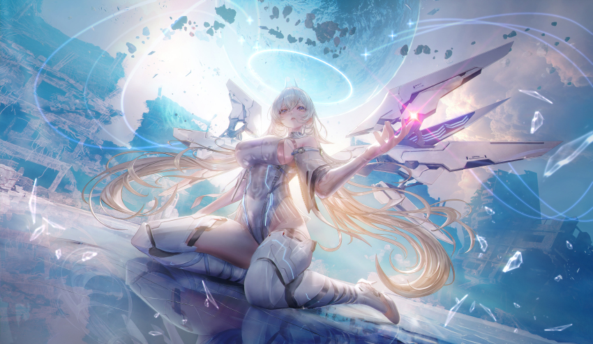 1girl absurdres arm_up armored_boots bare_shoulders boots breasts broken_glass capelet chaos_zero_nightmare cloud detached_sleeves fufu glass grey_hair hair_between_eyes halo highres horns large_breasts leotard long_hair looking_at_viewer mechanical_horns mechanical_wings parted_lips purple_eyes reflection ruins sereniel_(chaos_zero_nightmare) sideboob sidelocks sky smile solo sunlight white_boots white_capelet white_leotard white_sleeves wings zipper