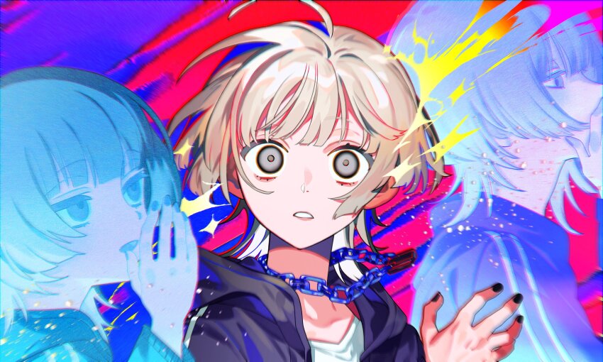 1girl absurdres aegyo_sal ahoge black_jacket black_nails blonde_hair blue_background blunt_bangs blurry chain chain_necklace chromatic_aberration clenched_teeth commentary_request depth_of_field double_vertical_stripe film_grain gem grey_eyes hand_up highres himanemuitoma hood hood_down hooded_jacket jacket jewelry jitome long_sleeves looking_at_viewer multiple_views nail_polish necklace open_clothes open_jacket original portrait red_background red_gemstone saturated shirt short_hair simple_background tareme teeth two-tone_background white_shirt wide-eyed