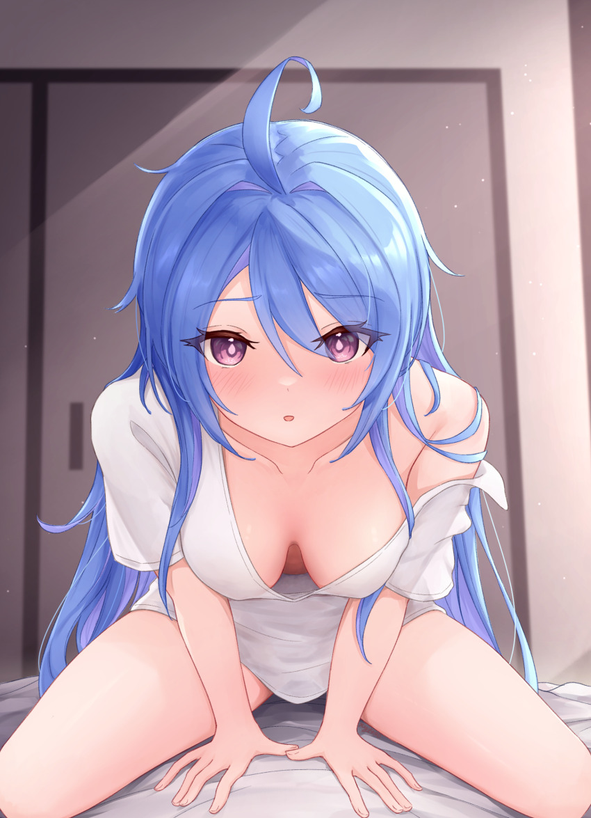 1girl :o azur_lane bent_over blue_hair blush breasts cleavage clothes_pull downblouse good_morning_my_brother_(meme) hair_between_eyes helena_(azur_lane) highres indoors kyl490 leaning_forward looking_at_viewer medium_breasts meme naked_shirt no_bra on_bed purple_eyes scene_reference shirt shirt_pull single_bare_shoulder solo spread_legs thighs tokidoki_bosotto_roshia-go_de_dereru_tonari_no_alya-san v_arms white_shirt