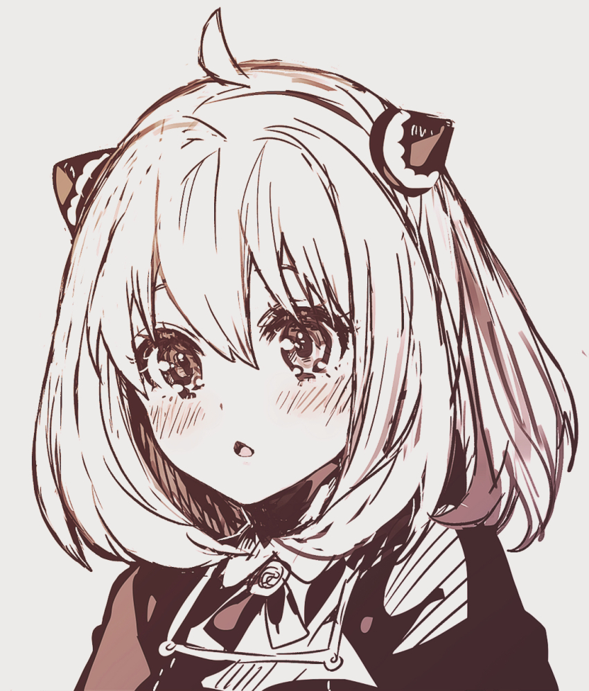 1girl ahoge anya_(spy_x_family) blush child commentary_request eden_academy_school_uniform eno_yukimi greyscale hairpods highres looking_ahead medium_hair monochrome open_mouth portrait school_uniform simple_background sketch spy_x_family tearing_up upper_body white_background