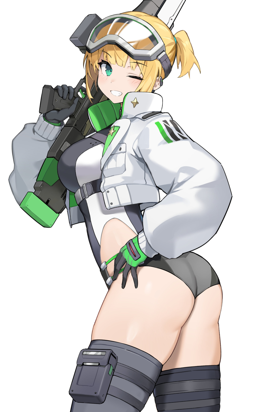 1girl absurdres ass belt black_gloves black_leotard black_thighhighs blonde_hair breasts chest_harness commentary cowboy_shot cropped_jacket earclip finger_on_trigger from_behind gloves goggles goggles_on_head green_eyes grey_shorts grin gun hand_on_own_hip harness highleg highleg_leotard highres holding holding_gun holding_weapon jacket large_breasts leotard light_blush long_sleeves looking_at_viewer micro_shorts multicolored_leotard one_eye_closed original over_shoulder ponytail pouch puffy_long_sleeves puffy_sleeves ryou_(ponpgo) short_hair short_ponytail shorts simple_background ski_goggles smile solo standing thigh_belt thigh_pouch thigh_strap thighhighs two-tone_leotard weapon weapon_over_shoulder white_background white_jacket white_leotard