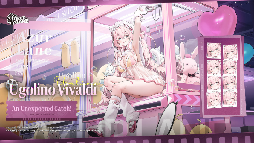 1girl ahoge arm_up armpits artist_request azur_lane bandaid bandaid_on_leg breasts commentary copyright_name crane_game dress english_commentary fur_trim green_eyes hair_between_eyes highres holding long_hair looking_at_viewer manjuu_(azur_lane) medium_breasts multiple_expressions navel official_art pink_hair see-through_clothes socks solo thighs ugolino_vivaldi_(an_unexpected_catch)_(azur_lane) ugolino_vivaldi_(azur_lane) white_socks