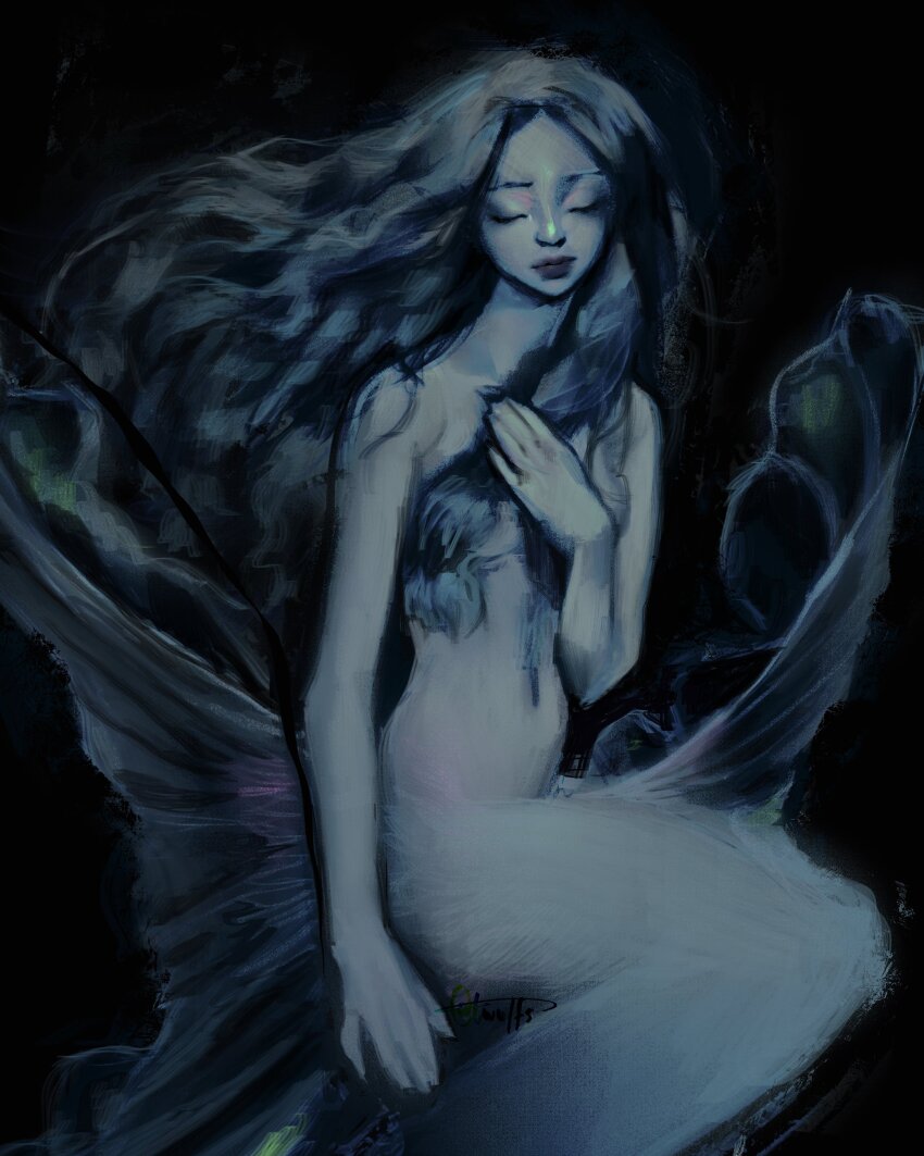 1girl \m/ absurdres black_background blue_hair blue_theme closed_eyes commentary english_commentary floating_hair hand_on_own_chest highres long_hair low_wings mermaid monster_girl original simple_background solo twulfs wavy_hair wings