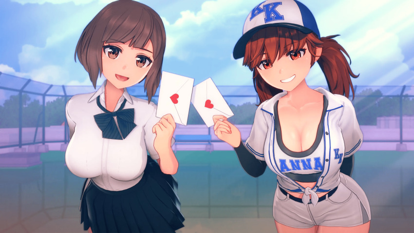 2girls 3d anna_(anna_anon) anna_anon anna_skyler_(anna_anon) baseball_cap baseball_uniform black_skirt breasts brown_hair ela_amano_(anna_anon) envelope hat highres holding holding_envelope looking_at_viewer multiple_girls non-web_source orange_eyes pleated_skirt school_uniform short_hair short_twintails skirt sportswear thighs twintails