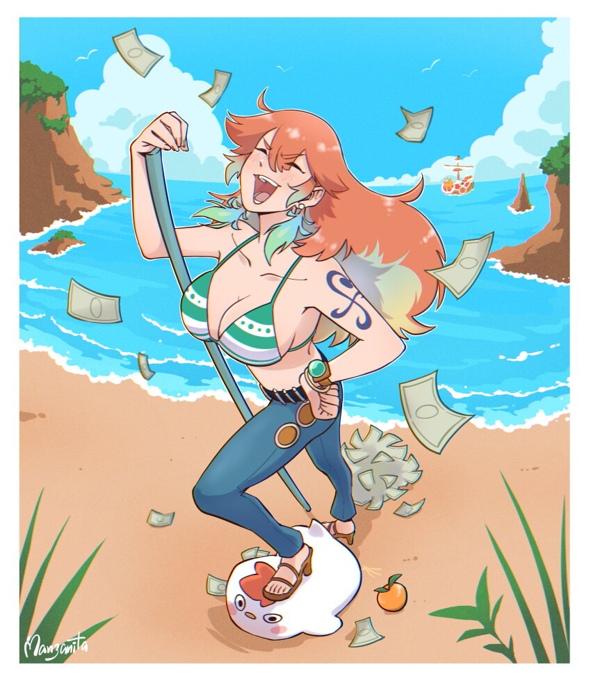 1girl absurdres alternate_costume banknote beach bikini breasts closed_eyes commentary cosplay crmanzana earrings falling_money feather_earrings feathers hand_on_own_hip highres hololive hololive_english jewelry kfp_employee_(takanashi_kiara) large_breasts long_hair money nami_(one_piece) nami_(one_piece)_(cosplay) one_piece open_mouth orange_hair solo stepped_on swimsuit symbol-only_commentary takanashi_kiara tattoo virtual_youtuber