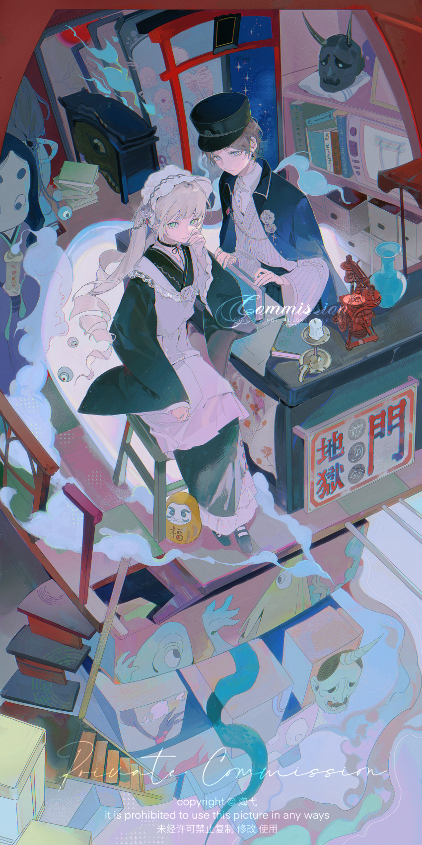 1boy 1girl absurdres antique_phone black_choker black_hat black_shoes blunt_bangs book book_stack bookshelf brooch brown_hair candle candlestand chain choker closed_mouth cloud coat commission cross cross_earrings doll dress earrings flower frills full_body gem green_eyes grey_hair hai_yexing_ren hair_flower hair_ornament hat headdress highres indoors japanese_clothes jewelry lace lace_trim long_sleeves mask mihuashi_commission oni_mask original pointy_ears red_gemstone shirt shoes short_hair sidelocks sitting skeleton smile stairs standing torii watermark white_flower white_headdress wide_sleeves