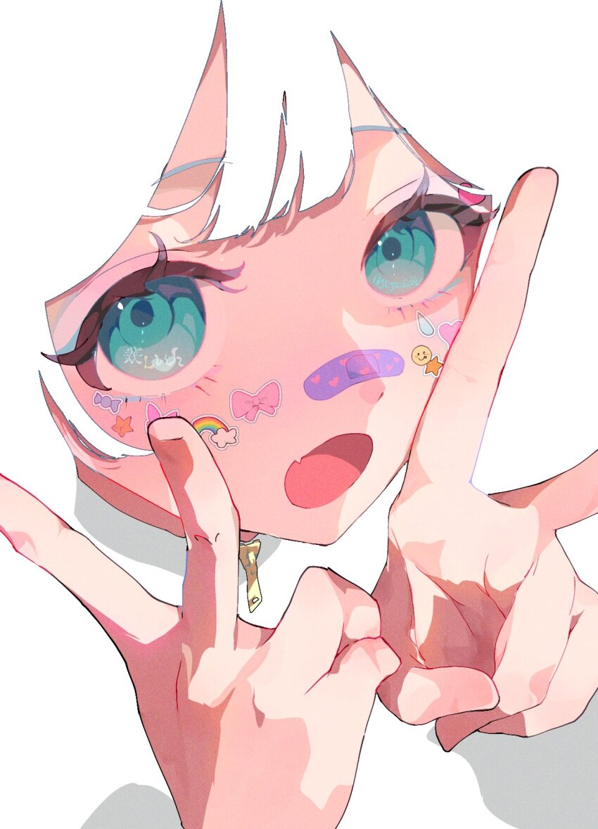 1girl aqua_eyes bandaid double_v original sticker sticker_on_face unfinished v yuyufufu