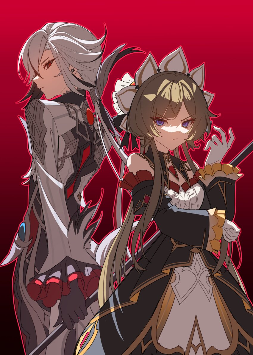 1girl 2girls absurdres arlecchino_(genshin_impact) black_collar black_dress black_eyes black_hair black_sleeves blue_eyes brown_hair center_frills closed_mouth coat collar commentary_request cowboy_shot detached_collar detached_sleeves dress earrings frilled_sleeves frills genshin_impact gloves gradient_background grey_coat grey_hair hand_up highres holding holding_polearm holding_weapon jewelry long_hair long_sleeves looking_at_viewer looking_back low_ponytail miaoyeza233 multicolored_hair multiple_girls outline polearm ponytail red_background red_outline red_pupils sandrone_(genshin_impact) streaked_hair symbol-shaped_pupils v-shaped_eyebrows weapon white_gloves white_headdress x-shaped_pupils