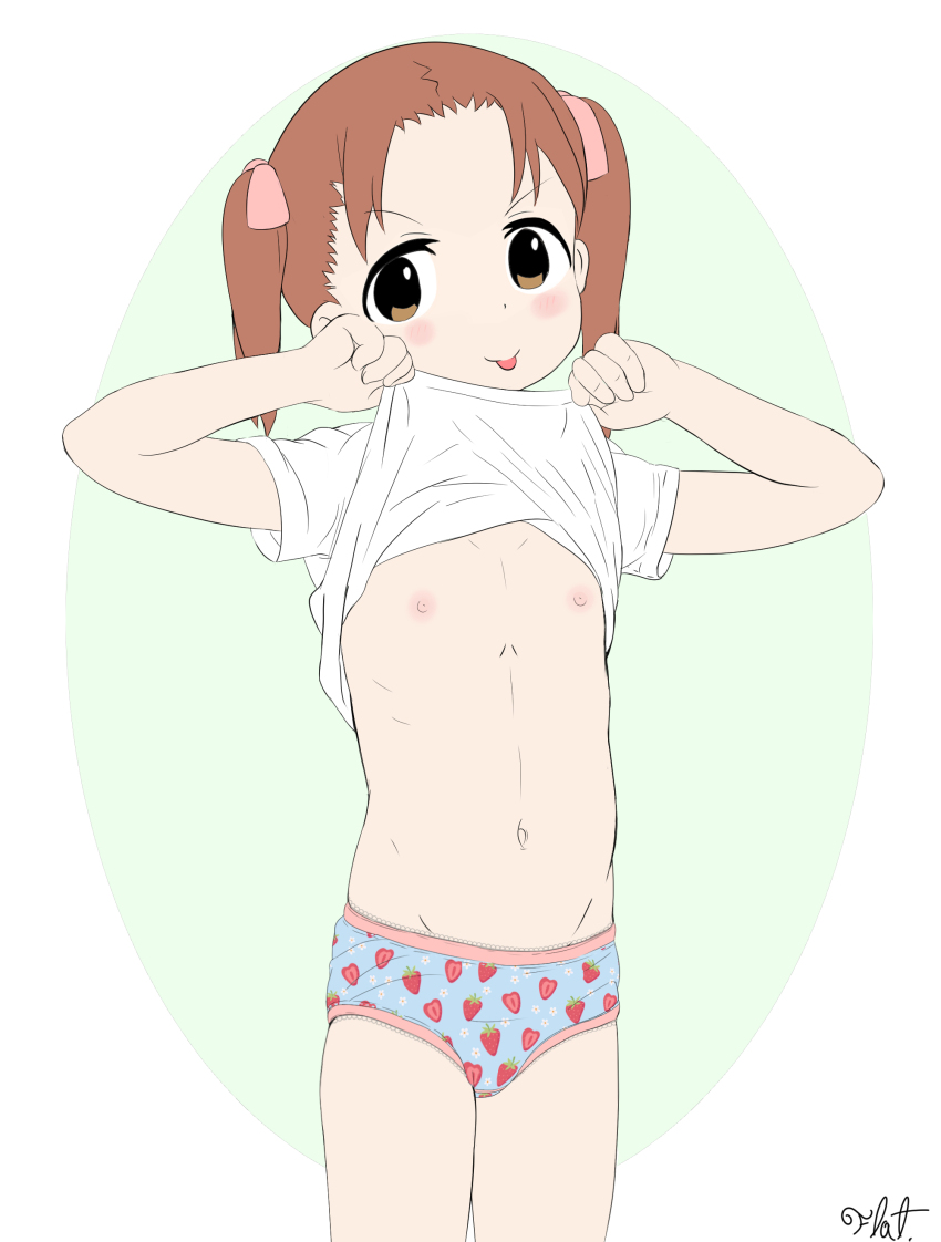1girl blush clothes_lift flat_chest flatculture ichigo_mashimaro lifting_own_clothes loli looking_at_viewer matsuoka_miu navel nipples panties shirt shirt_lift short_hair standing underwear