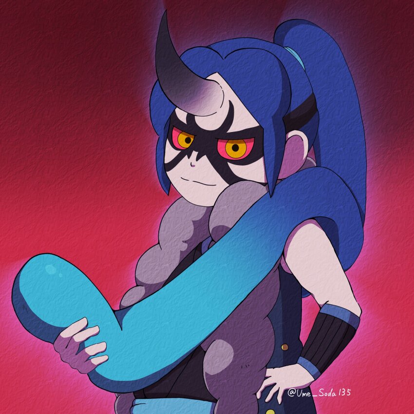 1boy artist_name blue_hair colored_sclera commentary_request gradient_background highres horns long_hair looking_at_viewer onigama ponytail red_background red_sclera signature single_horn solo ume_soda135 upper_body yellow_eyes youkai_(youkai_watch) youkai_watch