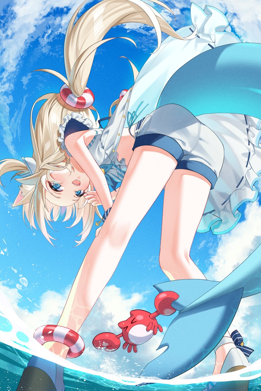 1girl absurdres animal_ears bikini blonde_hair blue_bikini blue_bow blue_eyes blue_sky blue_streaks bow cat_ears cloud commentary english_commentary fins fish_girl fish_tail hair_bow highres indie_virtual_youtuber kaniki_(sameko_saba) lifebuoy_hair_ornament lightenbee long_hair looking_at_viewer one_side_up open_mouth outdoors sameko_saba sameko_saba_(1st_costume) shorts sky smile solo swimsuit symbol-only_commentary tail very_long_hair virtual_youtuber wading water white_shorts