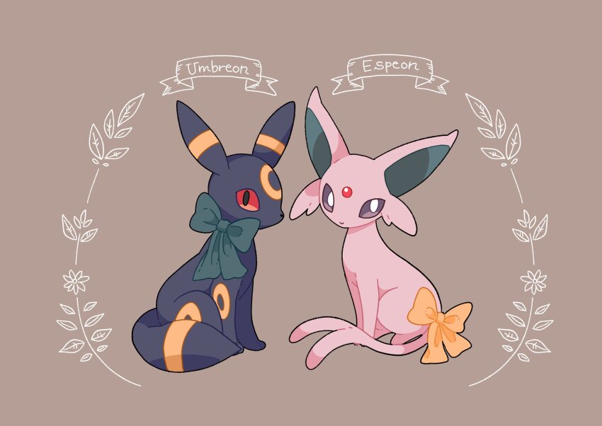 animal_focus black_eyes bow bright_pupils brown_background character_name colored_sclera commentary_request espeon fukafuka gen_2_pokemon green_bow highres nintendo pokemon pokemon_(creature) pokemon_focus purple_eyes red_sclera sitting umbreon white_pupils yellow_bow