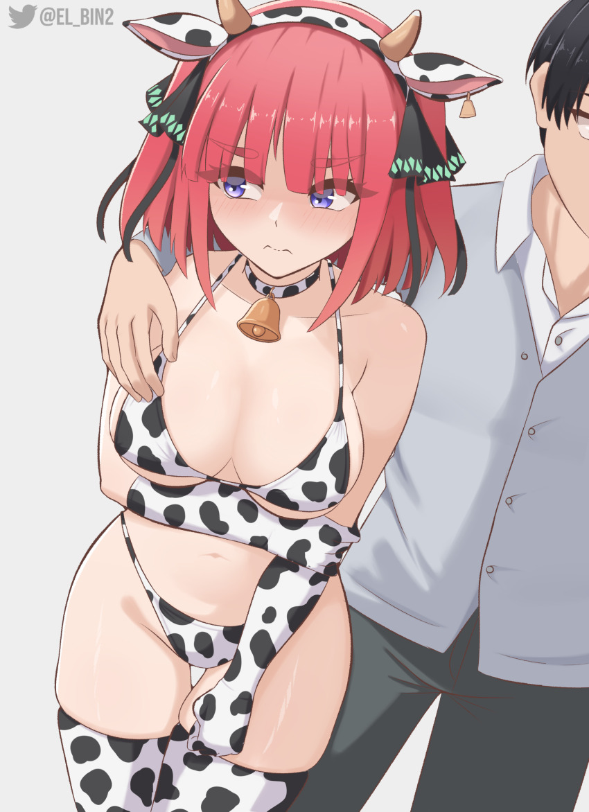 1boy 1girl absurdres animal_ears animal_print arm_under_breasts bell bikini black_hair black_pants breasts collared_shirt commentary cow_ears cow_horns cow_print cow_print_bikini cow_print_gloves cow_print_thighhighs cowbell el_bin english_commentary fake_animal_ears fake_horns gloves go-toubun_no_hanayome grey_shirt hand_on_another's_shoulder highres horns large_breasts nakano_nino pants print_bikini print_gloves print_thighhighs red_hair shirt short_hair simple_background swimsuit thighhighs twitter_username uesugi_fuutarou white_background