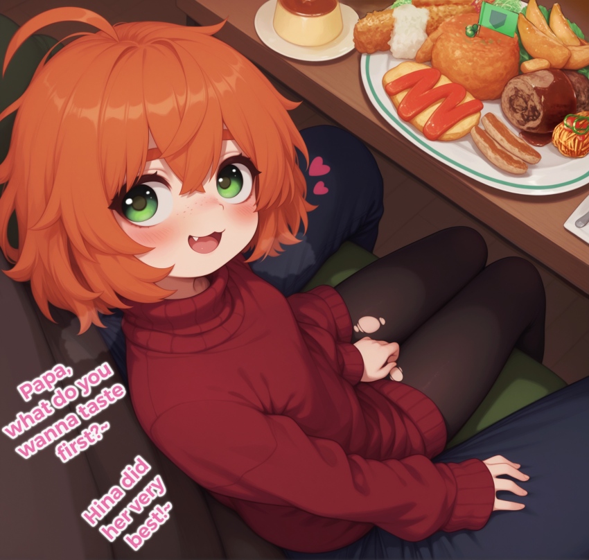 1boy 1girl :3 :d absurdres ahoge ai-assisted aroused between_legs black_leggings blush bob_cut bottomless breasts carpet child clothes_pull commentary couch_between_eyes crossed_bangs dessert dress english_commentary english_text eyebrows_hidden_by_hair father_and_daughter feet_out_of_frame female_focus flat_chest food freckles green_eyes hand_between_legs heart highres hina_kurosawa indoors leggings living_room loli long_sleeves looking_at_viewer looking_back looking_up meat messy_hair mesugaki omelet omurice open_mouth orange_hair original oversized_clothes paid_reward_available pants pantyhose pasta perspective petite plate portrait pov presenting rice rug seductive_smile self-upload sexually_suggestive short_hair shrimp sitting sitting_on_lap sitting_on_person small_breasts smile spaghetti spoon sweater sweater_dress sweets table tempura thick_eyebrows thighhighs thighs torn_clothes torn_pants torn_pantyhose turtleneck turtleneck_sweater wooden_floor