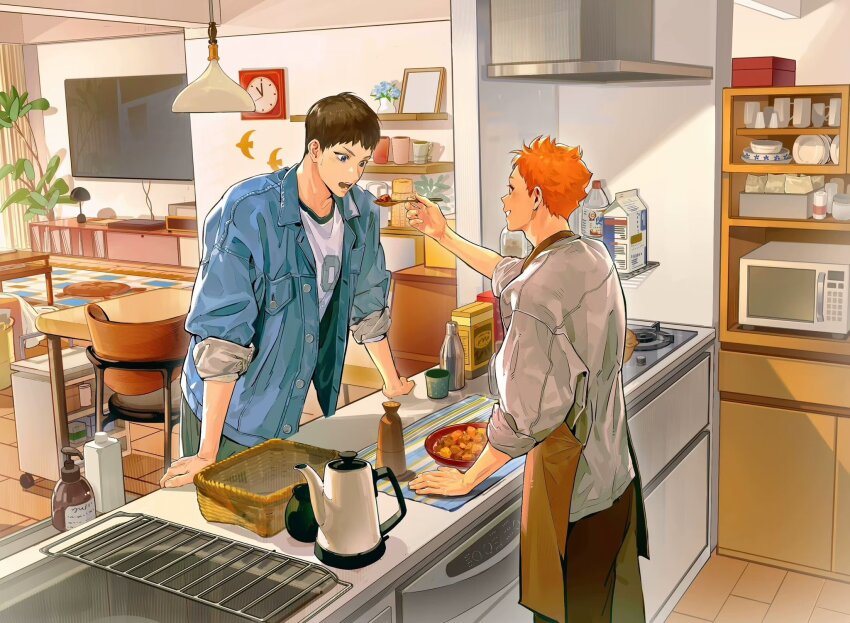 2boys analog_clock apron black_hair blue_eyes bottle brown_apron brown_pants chair clock commentary_request denim denim_jacket drink_carton feeding food haikyuu!! highres hinata_shouyou holding holding_spoon jacket kageyama_tobio kettle kitchen living_room male_focus milk_carton multiple_boys open_mouth orange_hair pants qingyang_heshan shirt short_hair sleeves_pushed_up slice_of_life smile spoon standing tasting television water_bottle white_shirt