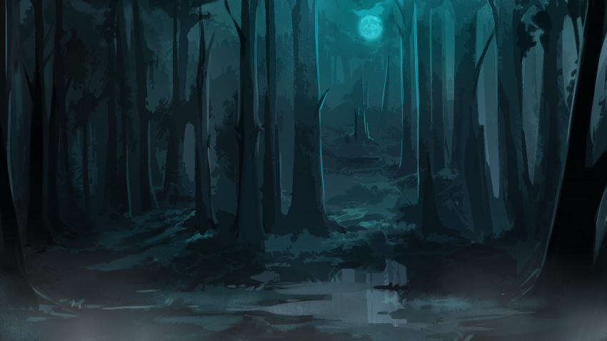 ballads_at_midnight fog forest highres landscape moon nature night no_humans non-web_source official_art outdoors puddle scenery tree