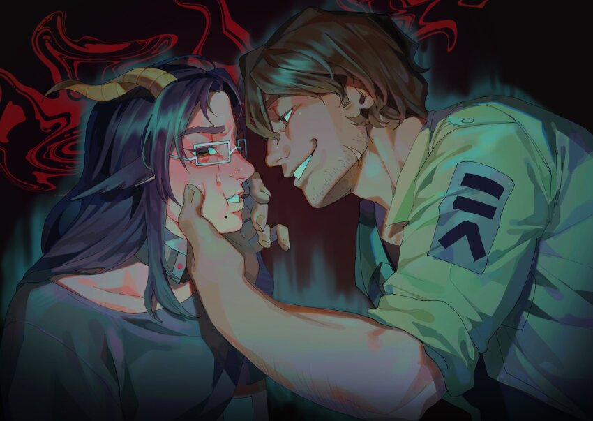 1boy 1girl averting_eyes beard_stubble black_shirt boyfriend_to_death brown_hair cheek_pinching collar collared_shirt commentary commission crying crying_with_eyes_open curled_horns english_commentary facial_hair glasses green_shirt grin highres horns looking_at_another original pinching scar scar_on_face shirt short_hair sleeves_rolled_up smile soureeeee strade_(boyfriend_to_death) stubble t-shirt tears upper_body